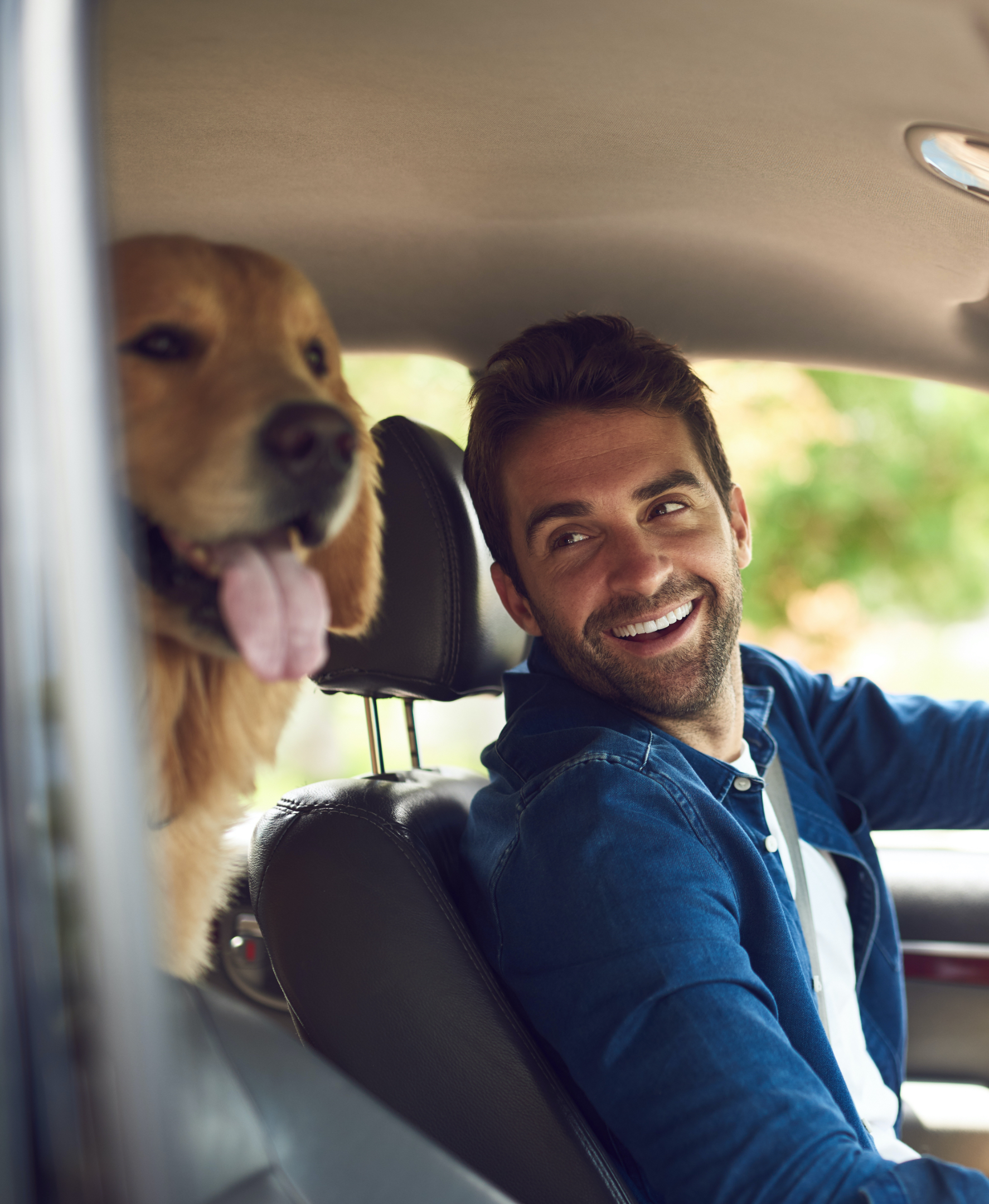 man and his dog in a car