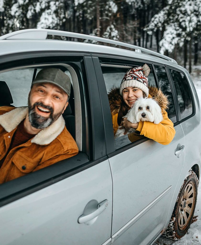 A dad and his daughter in a car during the winter